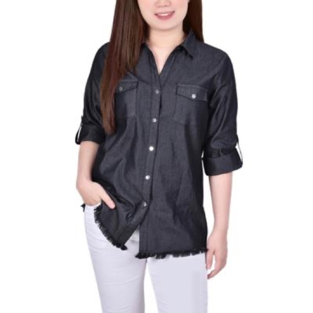NY Collection Black Boxy Button Down Shirt